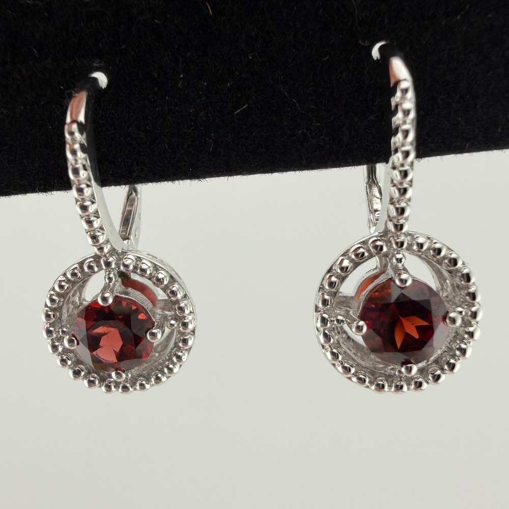 Sterling Silver 925 Red Garnet Beaded Halo Leverback Drop Earrings Red Silver
